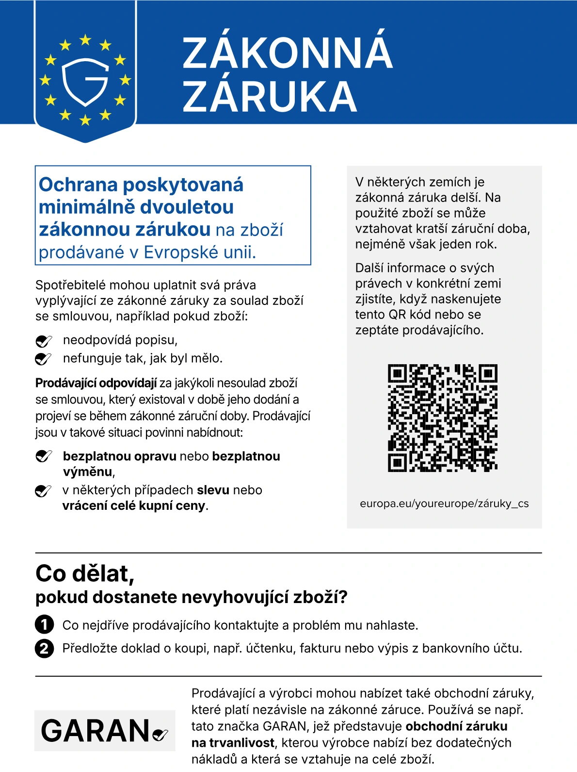 Harmonizované oznámení EU o zákonné záruce: ochrana poskytovaná minimálně dvouletou zákonnou zárukou na zboží prodávané v Evropské unii