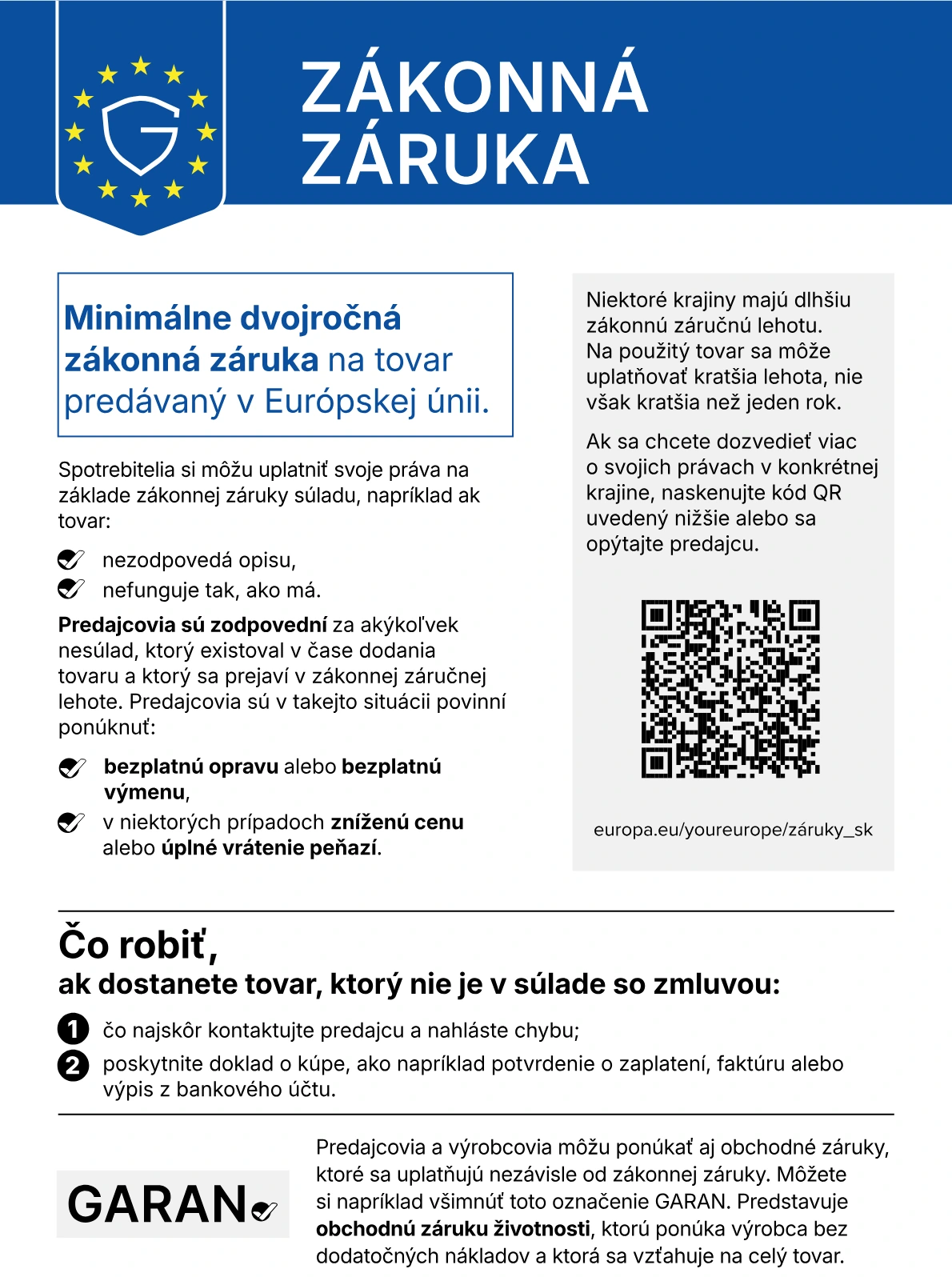 Harmonizované oznámenie EÚ o zákonnej záruke: minimálne dvojročná zákonná záruka na tovar predávaný v Európskej únii