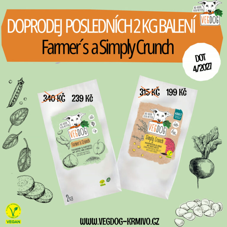 Doprodej posledních 2 kg balení Farmer’s Crunch a Simply Crunch: Farmer’s Crunch 239 Kč místo 340 Kč, Simply Crunch 199 Kč místo 315 Kč, minimální trvanlivost 04/2027